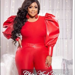 Red Faux Leather Puff Sleeve Pantsuit